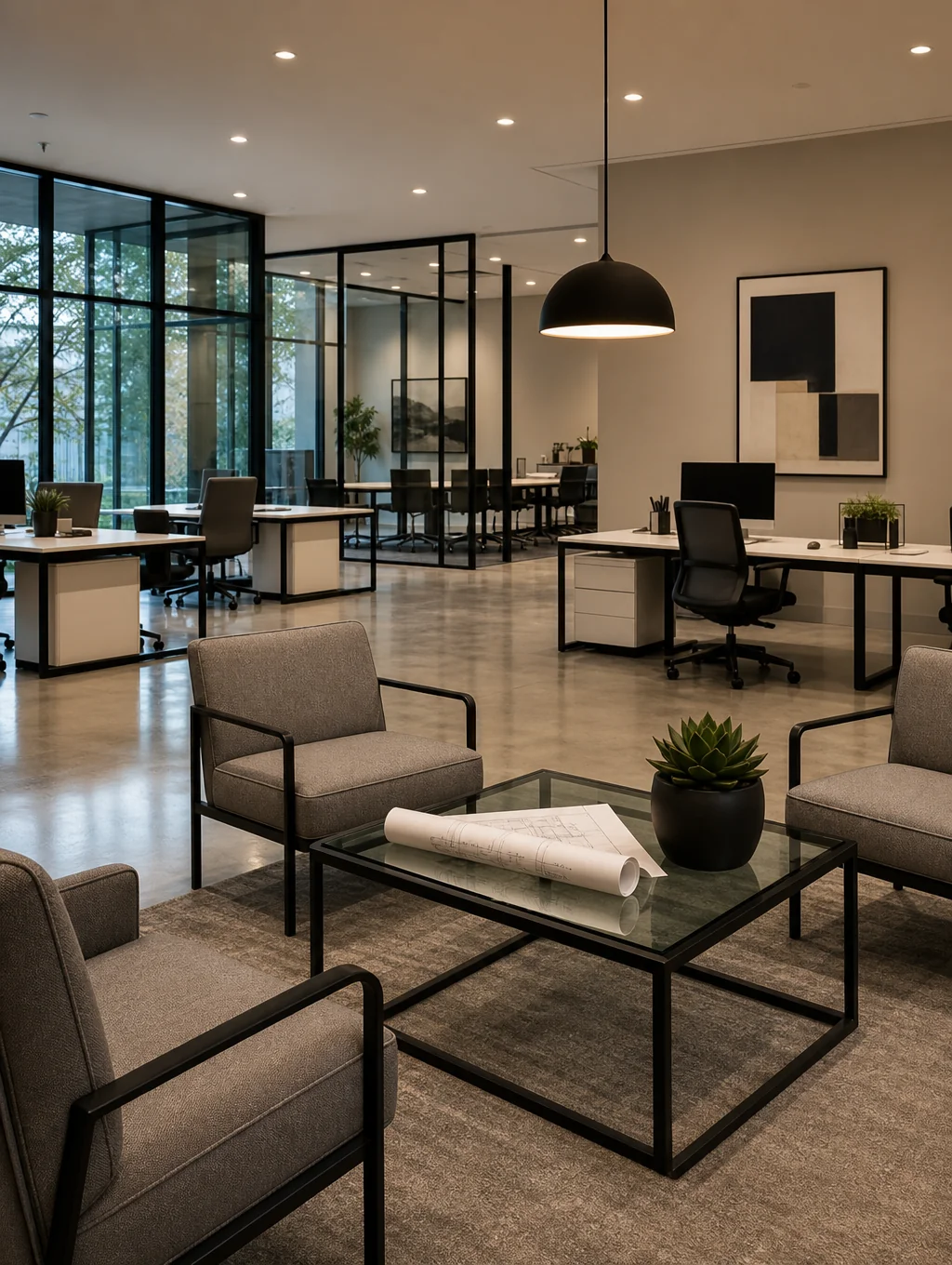 Modern commercial interior fit-out with exposed architectural ductwork and clean finishes