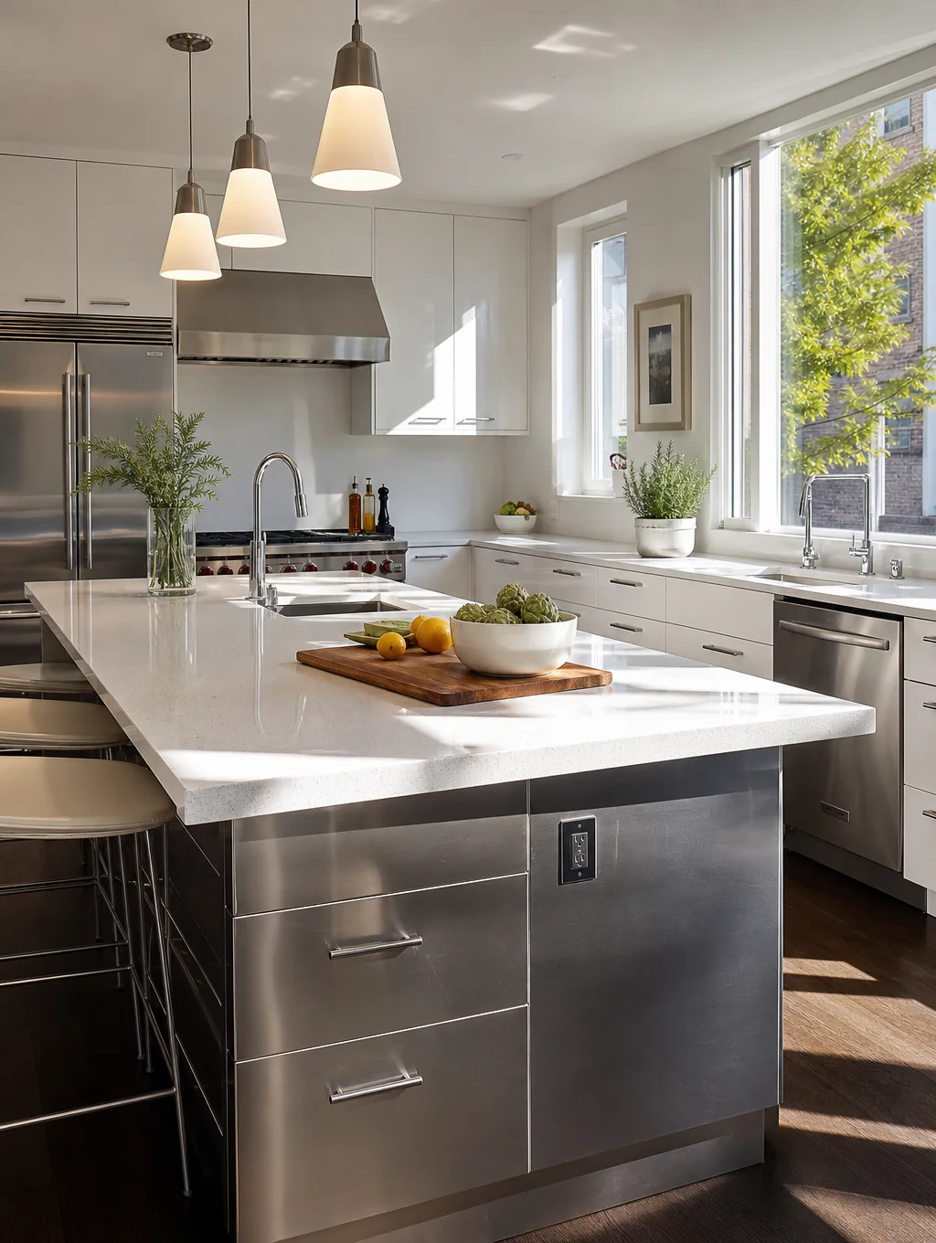 Bright modern kitchen remodel featuring custom white oak island cabinetry, quartz countertops, and designer pendant lighting in North Carolina