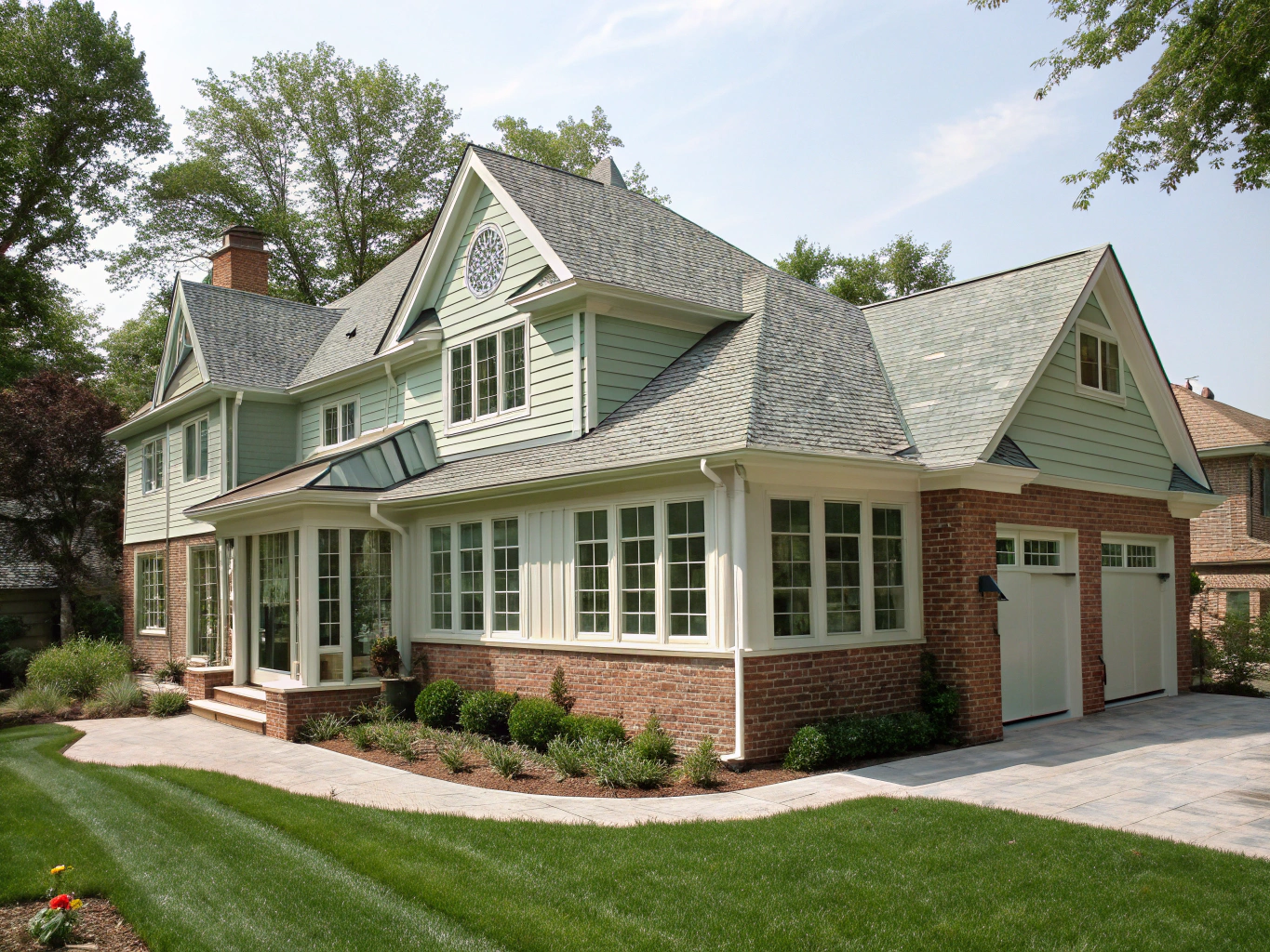 Seamless two-story residential home addition in North Carolina matching original brick and roofline